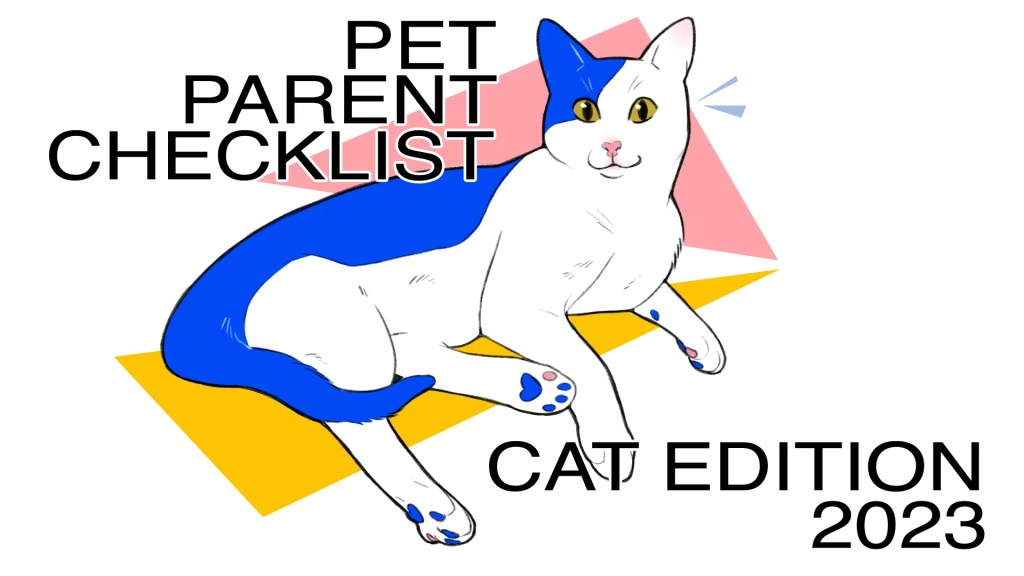 A cat lays on blocks of color, an overlay of text reads, "Pet Parent Checklist: Cat Edition 2023."
